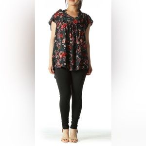 NWT Anthropologie Odille 100% Silk Black Floral Motif Blouse Size 12